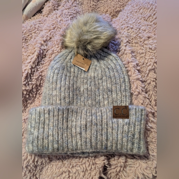 C.C Accessories - Winter Essential Ribbed Soft Gray Knit Beanie with Fur Pom-Pom